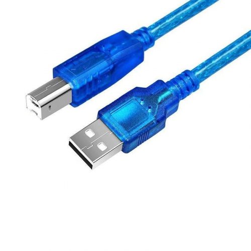 Câble USB-B bleu connecté à une carte Arduino Uno pour alimentation et transfert de données
